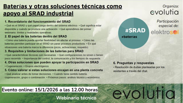 Nuevo webinario: bater&iacute;as, cogeneraci&oacute;n y apoyo al SRAD industrial